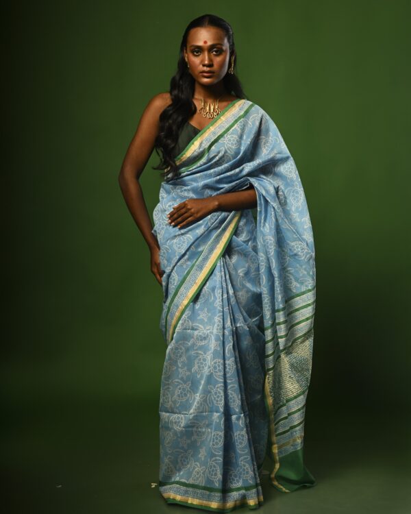 Blue Turtles Screen Print on Chanderi Silk Cotton (1)